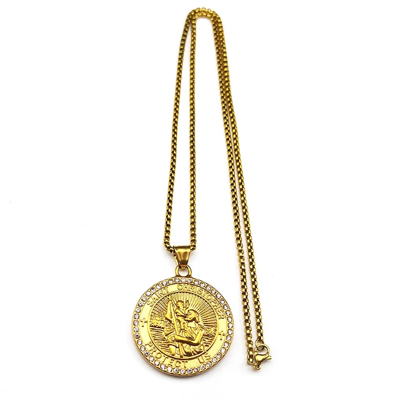ST.Christopher حمايةنا ميدالية أحجار الراين قلادة سانت كريستوفر الفولاذ المقاوم للصدأ الذهب اللون القلائد المسيحية المجوهرات