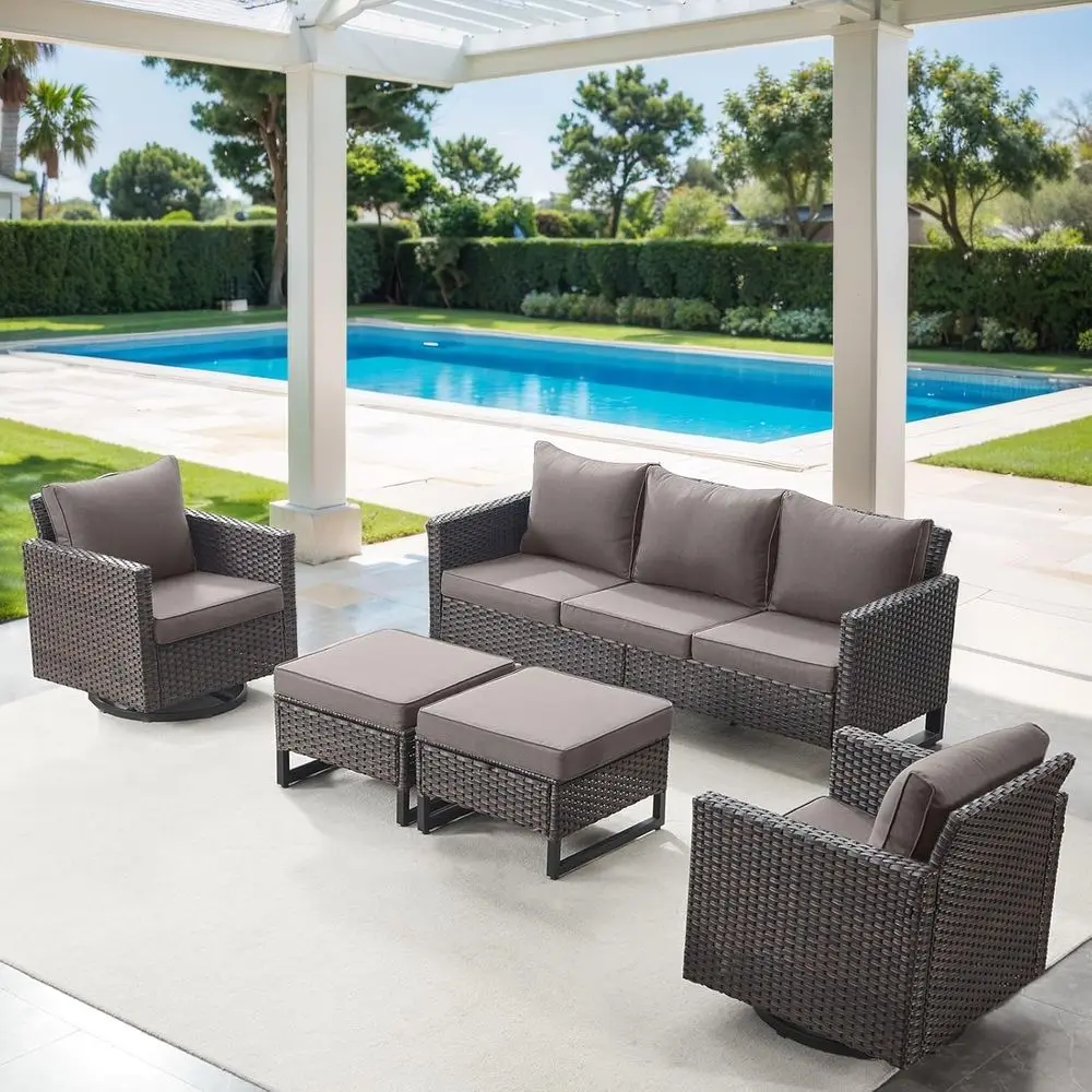 

5-Piece Outdoor Wicker Patio Furniture Set with Swivel Rocking Chairs, 3-Seat Sofa, and Ottomans - Brown/Grey