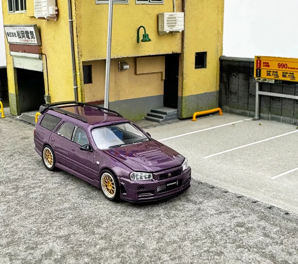 

ZOOM 1:64 JDM Purple GTR R34 Wagon Stagea Спортивная модель Литая под давлением Коллекция автомобилей Ограниченная серия Игрушечный автомобиль для хобби