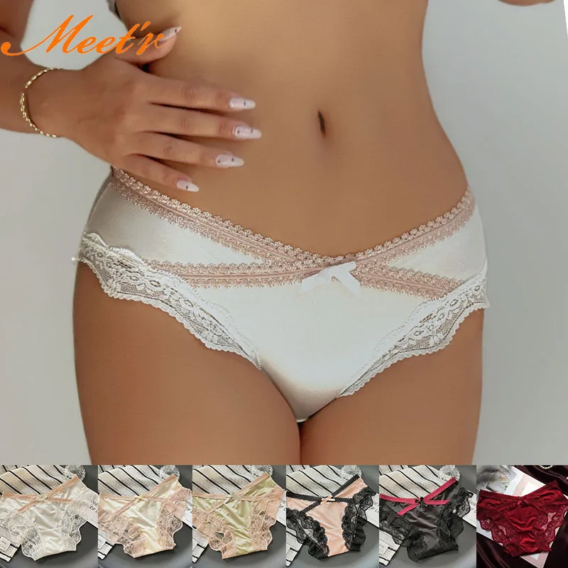 Meet'r Spitze Französisch Sexy Satin Unterwäsche Damen Nahtlose Transparente Mesh Dreieck Höschen Eis Seide Atmungsaktive G-String Dessous