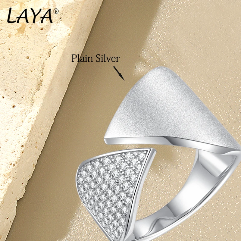LAYA Real 925 Sterling Silver Shining Zircon Satin Finish Ring Triangle Cross Opening Ring Creative Handmade Luxury Fine Jewelry