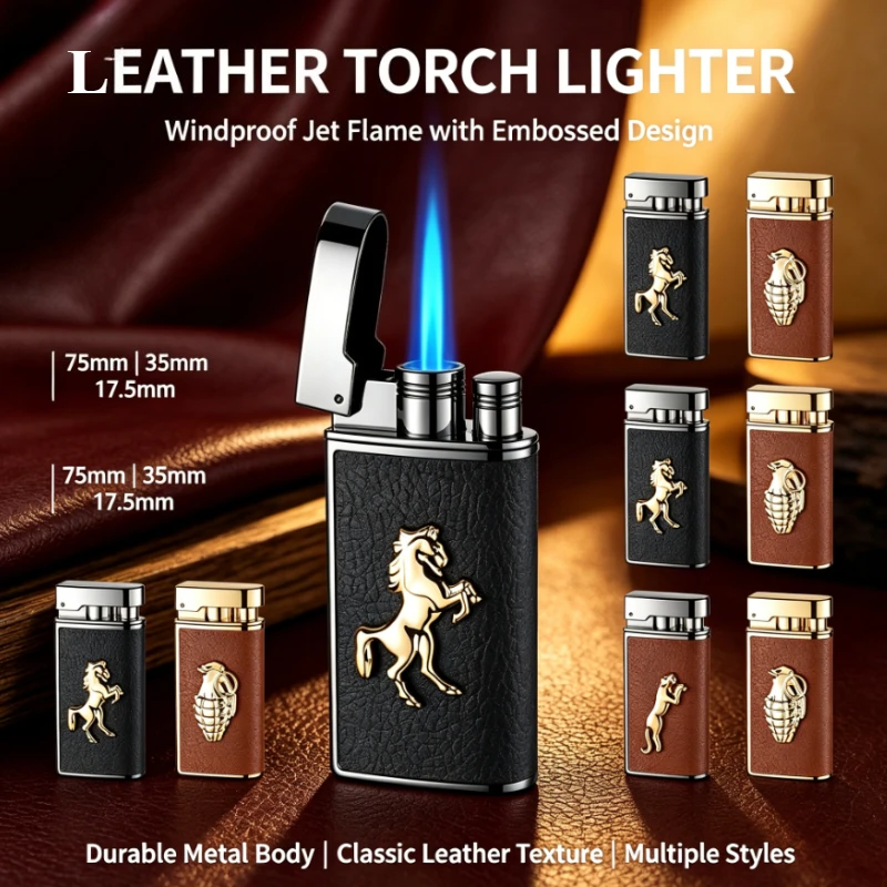 

3D Embossed Windproof Butane Lighter, Luxury Leather-Textured Design, Refillable Jet Flame for Camping, Cigarettes & Daily Use