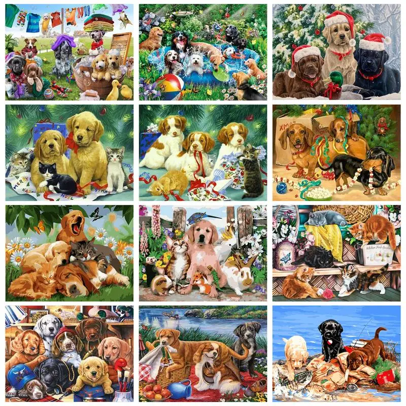 

CHENISTORY Acrylic Painting By Numbers Frame Dogs Animals For Adults Art Supplies Diy Gift Handicrafts Picture Drawing Pets