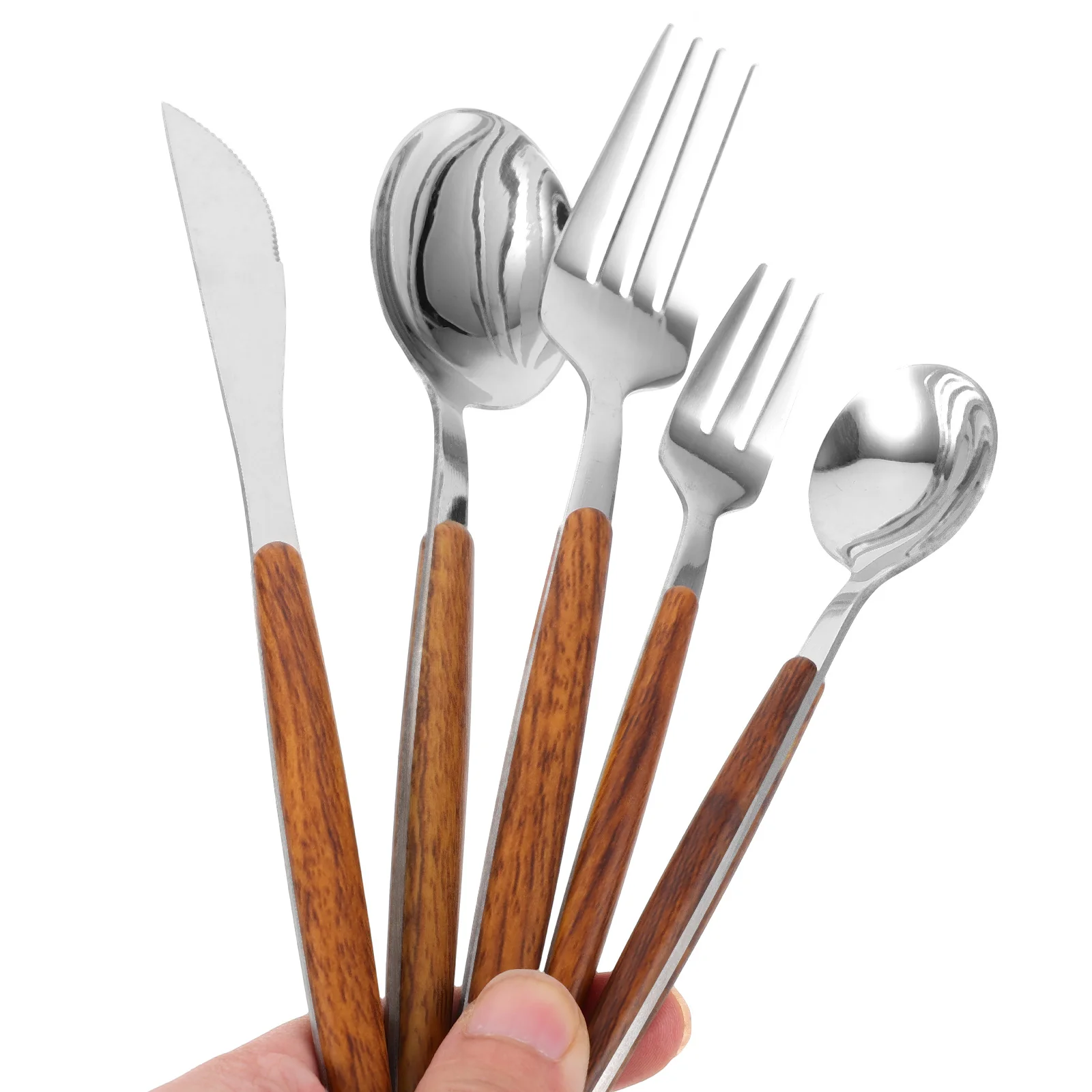 5 ชิ้นมีดช้อนส้อมชุดสแตนเลสสตีลไม้ Handle ช้อนส้อมบนโต๊ะอาหาร Flatware สไตล์นอร์ดิกเพื่อสุขภาพ