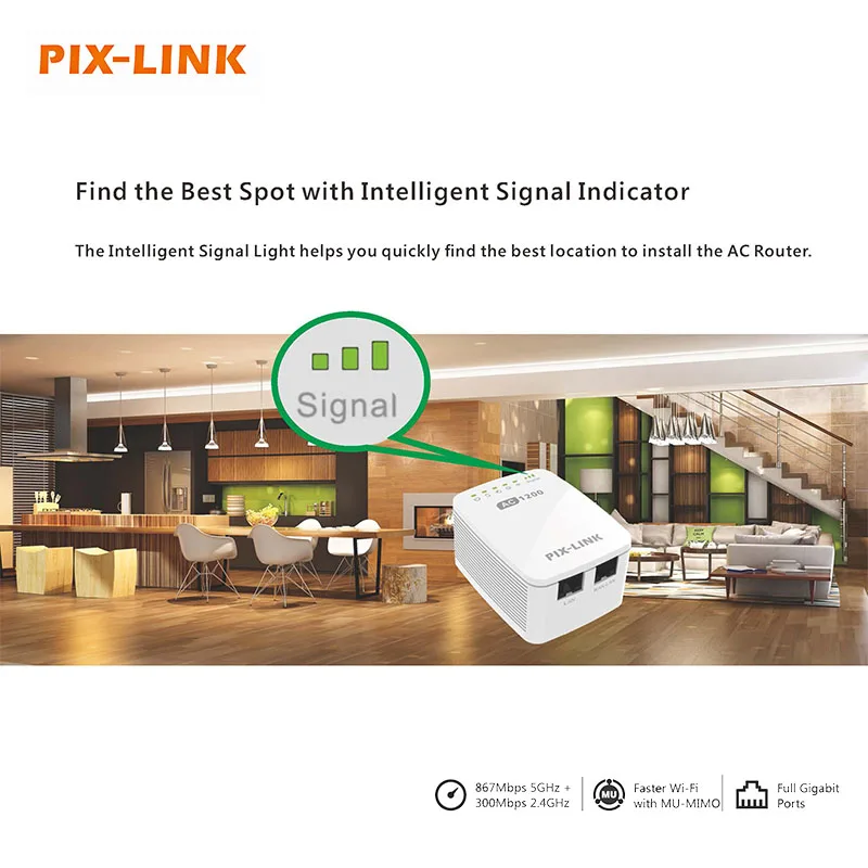 Household Wi-Fi Blind Spot Solution PIX-LINK 1200Mbps Dual Frequency Network Expander, Strong Wall Penetration Ability Realize