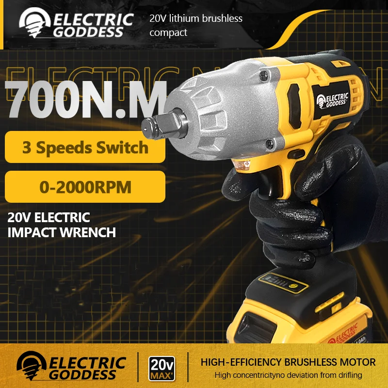 

Electric Goddess 700N. M Torque Brushless Electric Impact Wrench 1/2 inch Cordless Wrench Home Power Tools For Dewalt 20V Batter