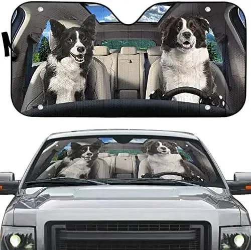 Border Collie Happy Couple Driving Sunshade for Car Windshield, Dog Lovers Dog Dad Dog Mom Gifts, 3D Border Collie Sunshade, Uv