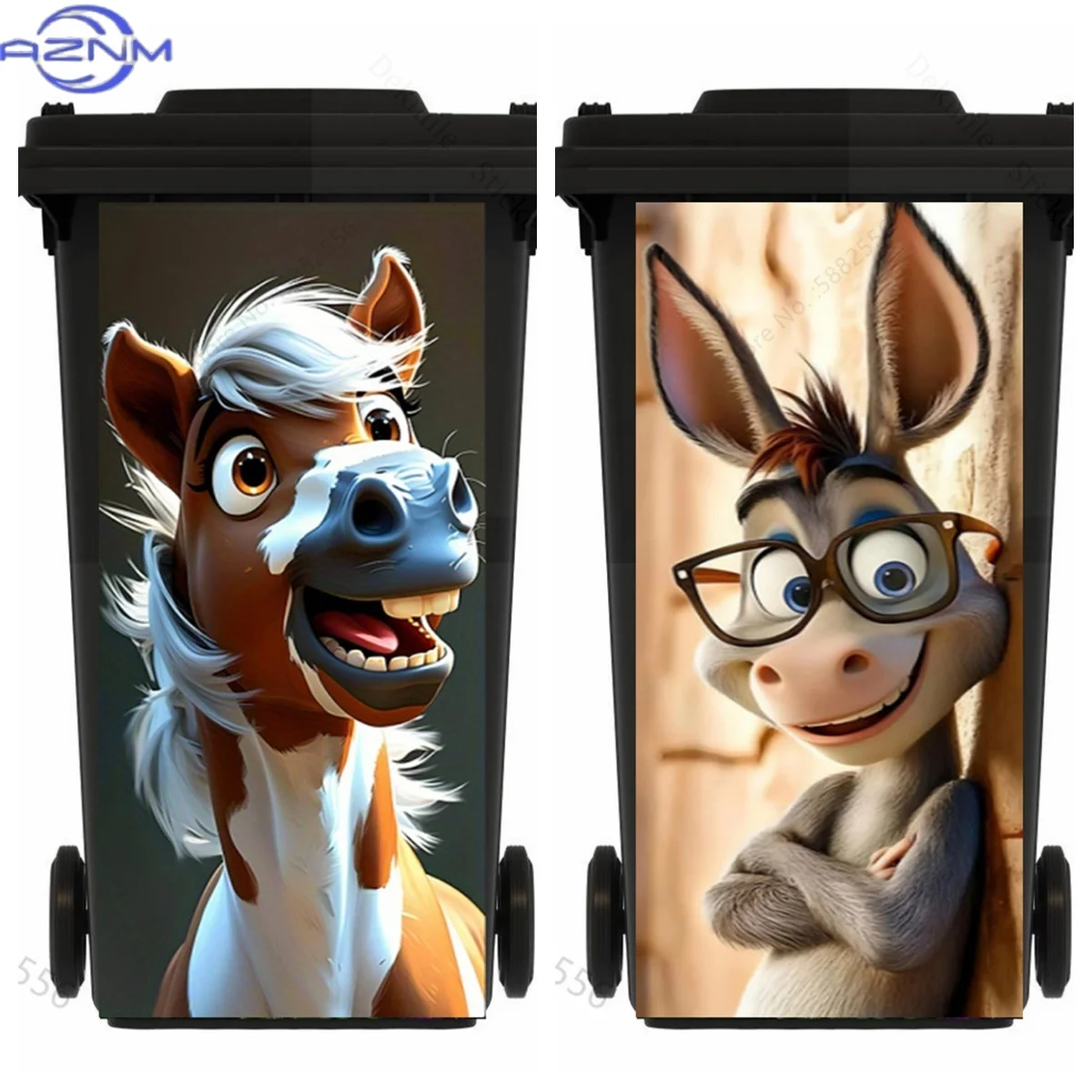 Funny Cartoon Horse Trash Can Stickers Smiling Animal Cat Sheep Vinyl Decal Home Decor Waterproof Anti-Slip Bin Decor Easy Cle