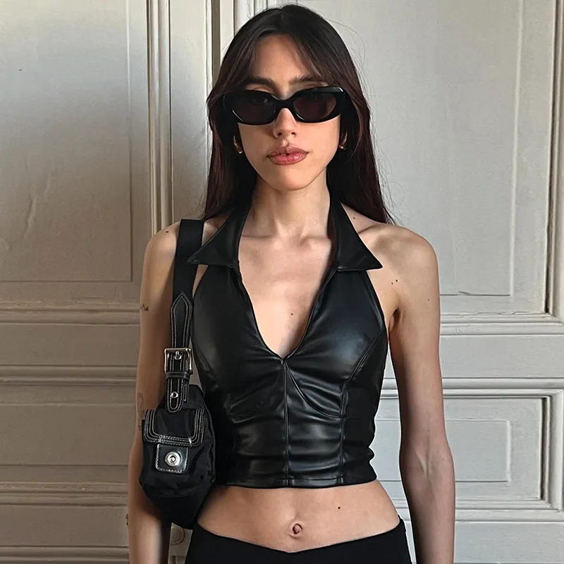 

Black PU Leather Crop Tops Womens Streetwear Fashion Backless Halter Top Festival Wear New Arrivals 2025