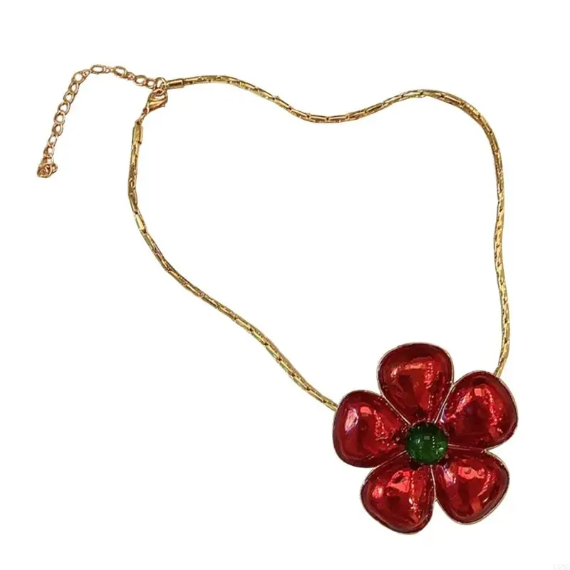 

L5YC Stylish Red Blossom Collarbone Necklace for Women Exaggerate Red Flower Clavicle Chain Sweet Jewelry Valentines Day