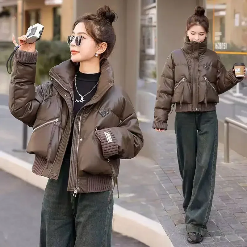 Korean Stand Collar Cropped Jacket Winter Coat Women\'s Clothing Trend Puffer Jackets Warm Streetwear Knit Patchwork Long Sleeve