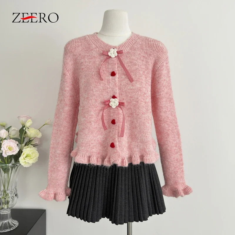 Otoño Invierno mujer Rosa volantes lazos cárdigan de punto mujer temperamento dulce Rosa suelto cuello redondo prendas de punto suéter chaquetas Y2k Tops