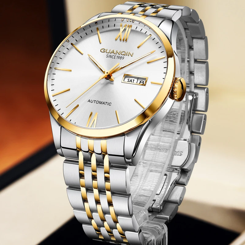 GUANQIN Luxury Men Automatic Mechanical Watch Simple Dial Stainless Steel Material Weekly Calendar Display Wristwatches for Man
