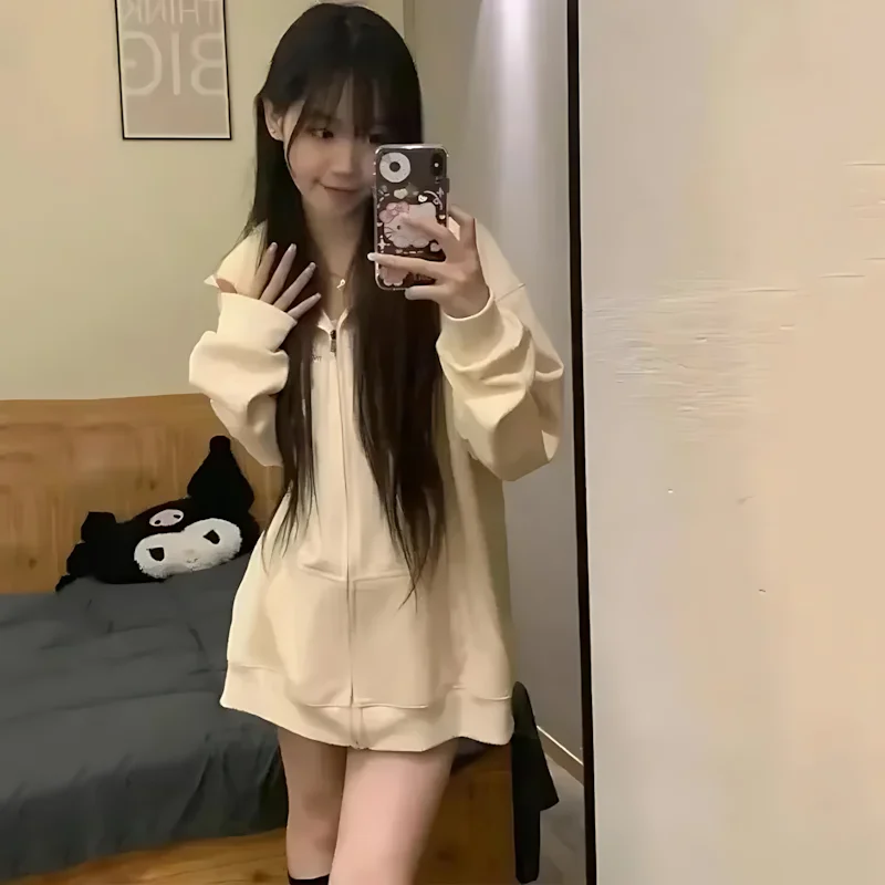 Sanrio Kawaii Hello Kitty พิมพ์ซิป Hooded Sweatshirt อะนิเมะการ์ตูนนักเรียน Plus กํามะหยี่ Ins หลวมอเนกประสงค์ Niche แจ็คเก็ต