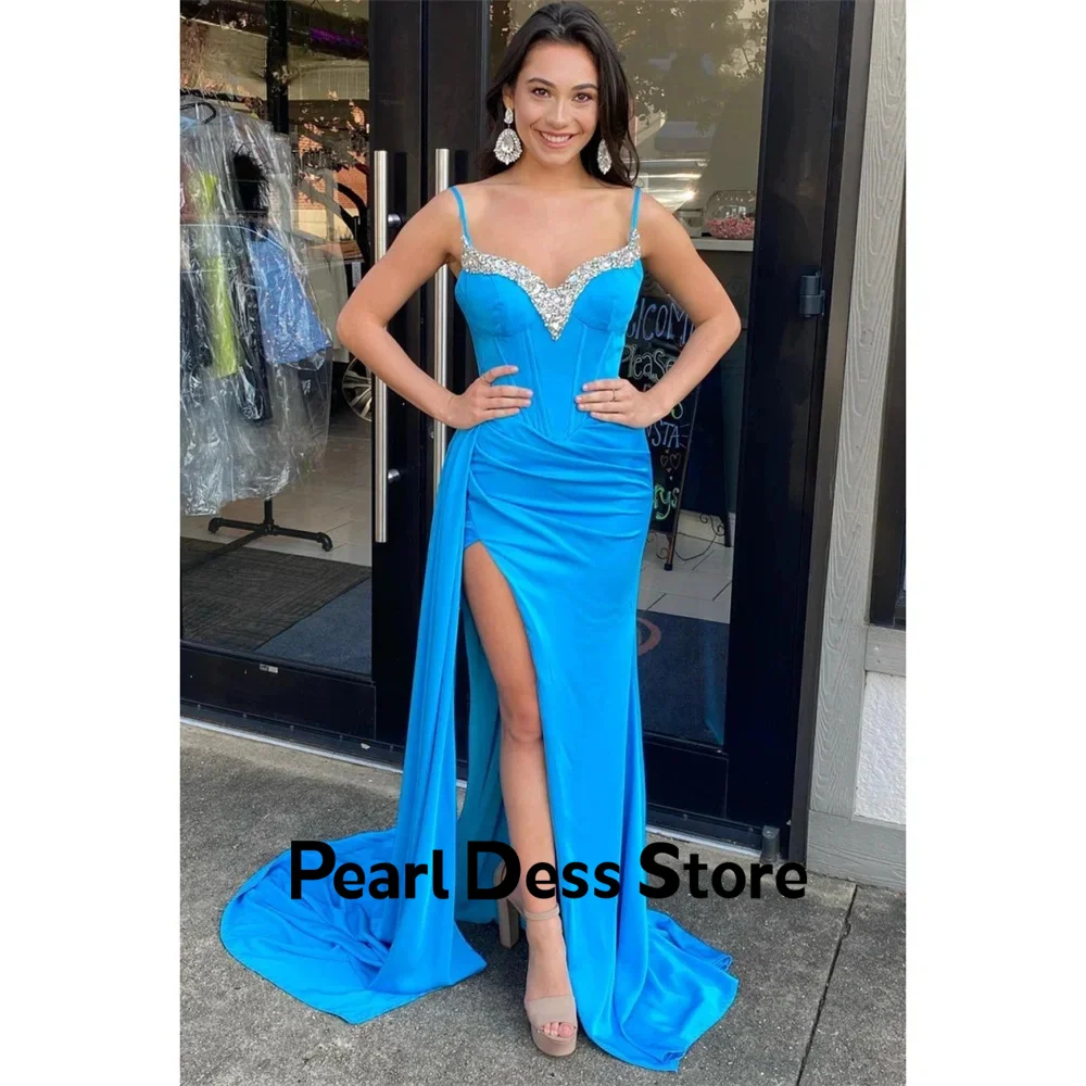 Pearl Serin Evening Dresses for Weddings Sky Blue Prom Dresseses Elegant Luxury Occasions Dresses 2024 Women Spaghetti Straps