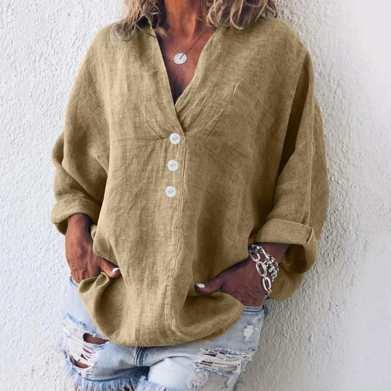 2024 Simple Style Single Pockets Shirt Women V Neck Button Decoration Pullover Blouse Female Solid Color Cotton Linen Loose Tops