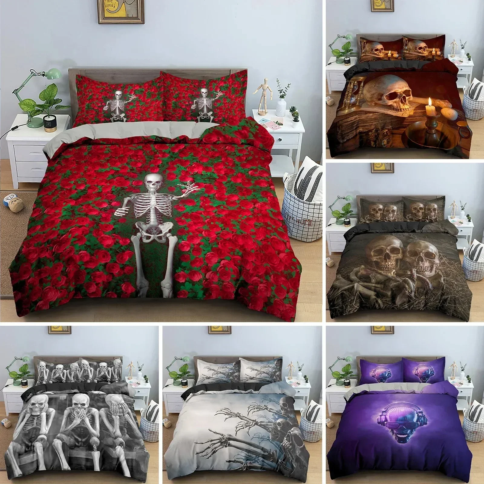 

3D Skull Rose Duvet Cover 220x240 Skeleton Bedding Set Luxury Quilt Cover With Zipper Closure Queen Size Comforter Sets