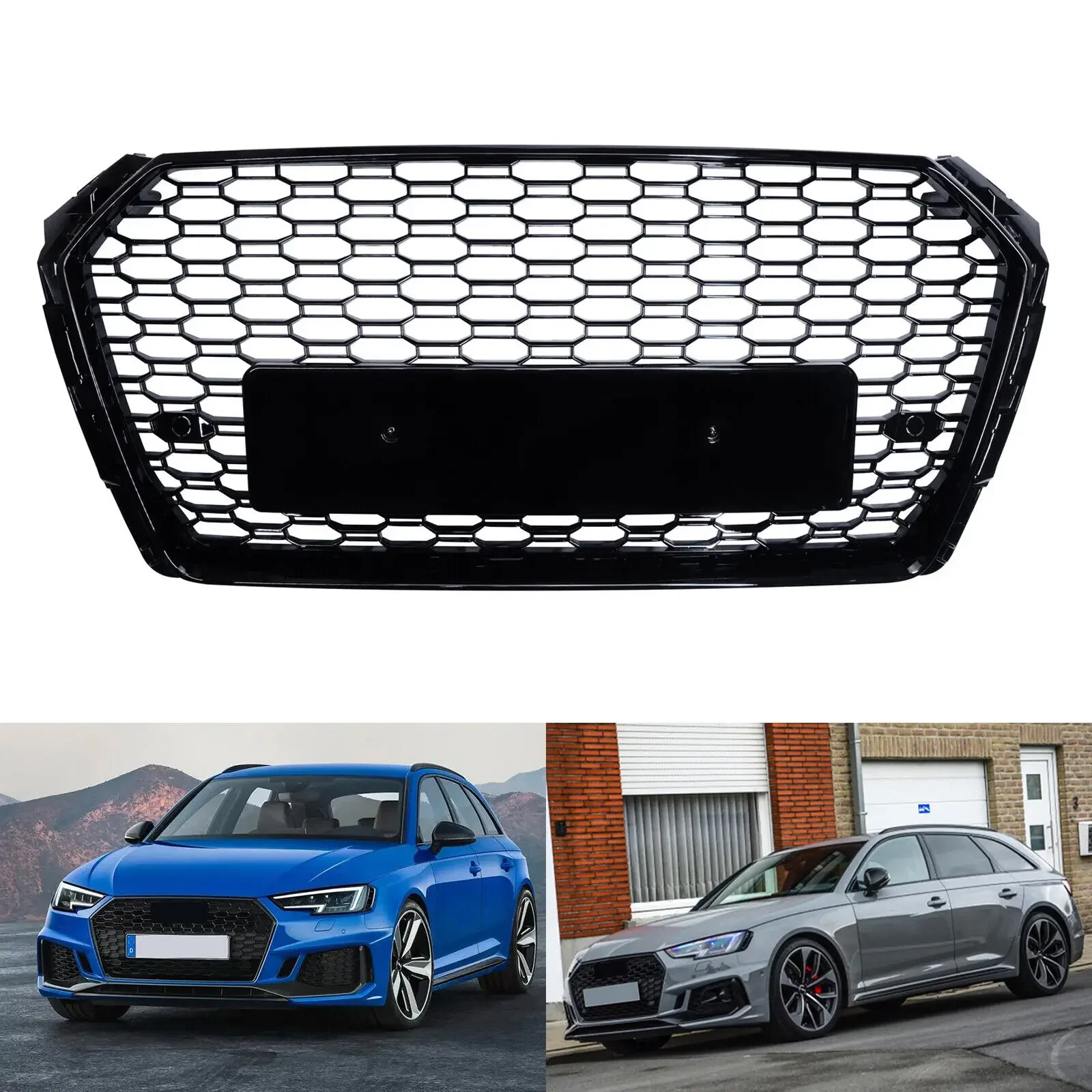 For Audi A4 S4 B9 2017-19 RS Style Gloss Black Honeycomb Radiator Bumper Grille