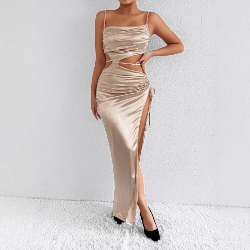 

European and American Style Summer New Women's Clothing Pleated Sloping Shoulder Backless high Sense Slit Women's Clot