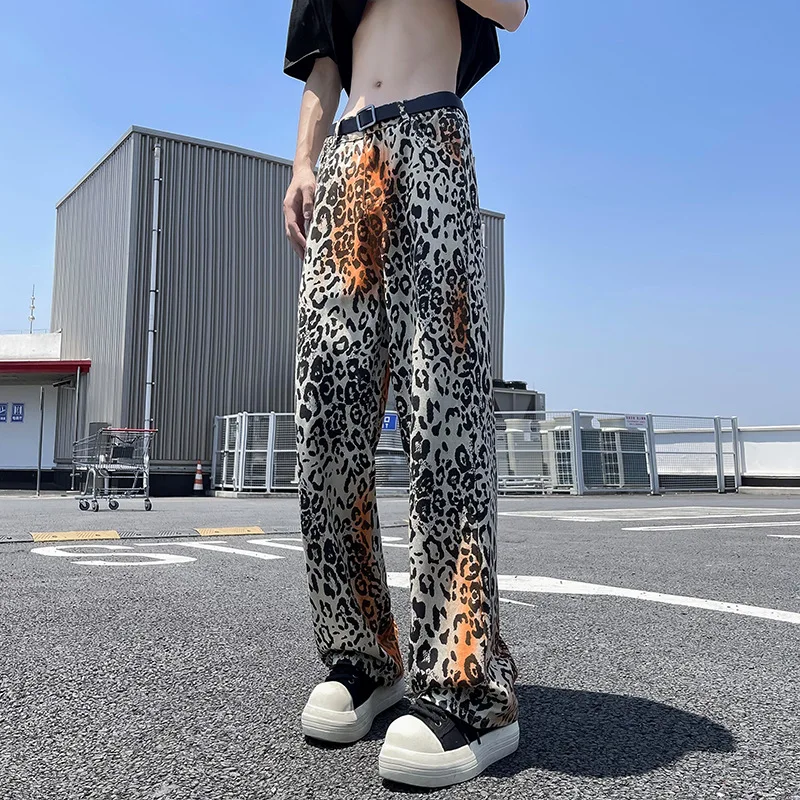 OIMG Y2K Fashion Tie Dye Leopard Baggy Jeans Pants For Men Clothes Straight Gothic Long Trousers Pantalones Hombre