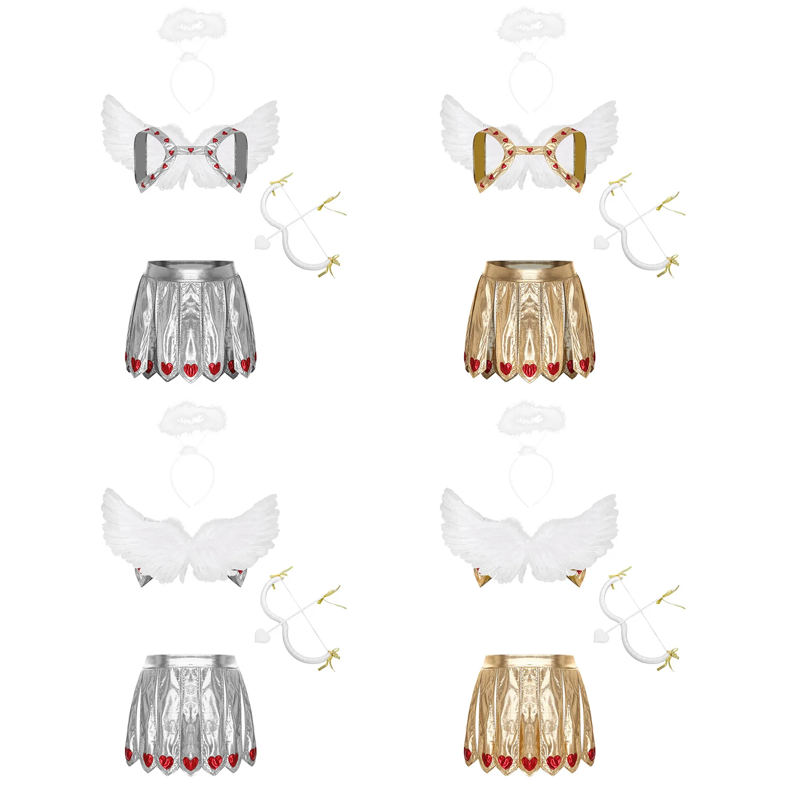 Men Metallic Cupid Cosplay Costume and Wings Set Halloween Carnival Party Chest Harness and Slit Skirt with Bow Arrow Headwear
