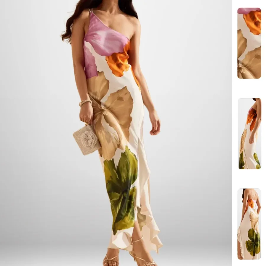 2026 spring new women's dress European and American - dress elegant one-shoulder suspender printed long dress