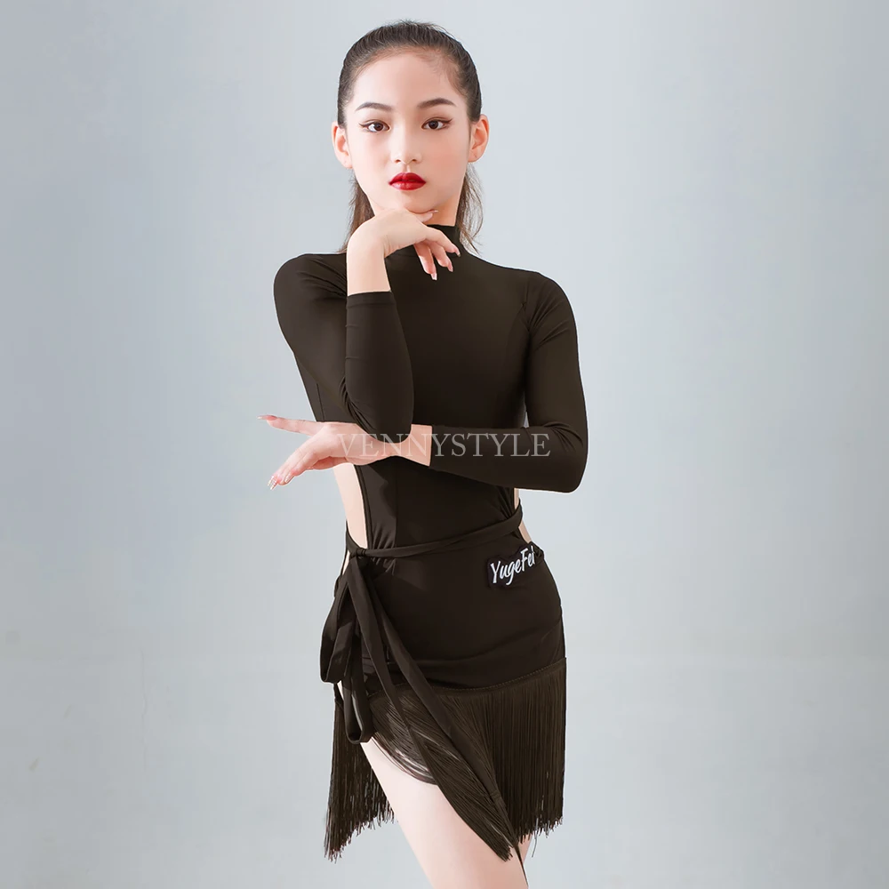 Vennystyle Latin Dance Dress Girls Long Sleeve Fringe Floral Design Practice Wear Professional Standard Training Outfit
