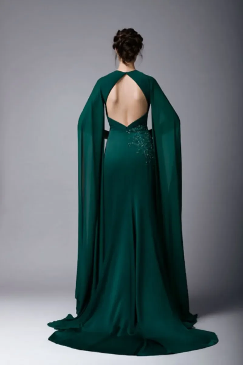 Dark Green A Line Prom Dresses With Chiffon Sleeves Backless Appliques Satin Evening Gowns Mothers Of The Bride Dress Party Gown