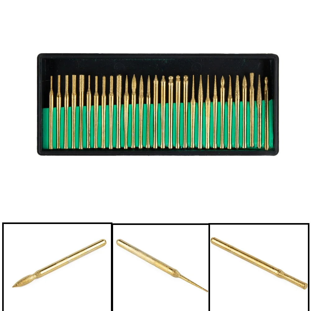

Drill Bit Set Diamond Burr Cutting For Engraving Removing Metal Rust Polishing Wood/metal 3mm DIY 28.000RPM 30pcs Gold