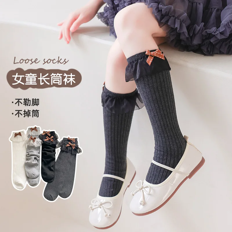 Dot Orange Bow Sheer Tulle Big Lace Bow Long Slouch Socks For Cute Little Girls Solid Color Slim Fit Elastic Lightweight Hosiery