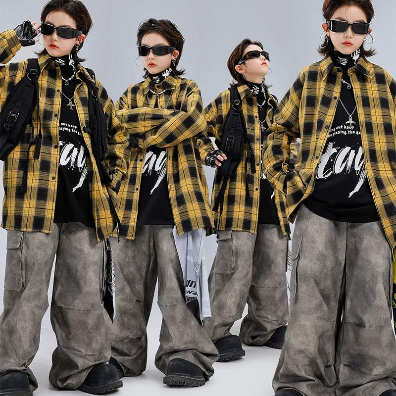 

Клетчатая куртка Hio Hop для мальчиков, свободные брюки-карго для уличных танцев, уличная одежда K-pop для девочек, комплект детской одежды, детский современный джазовый костюм