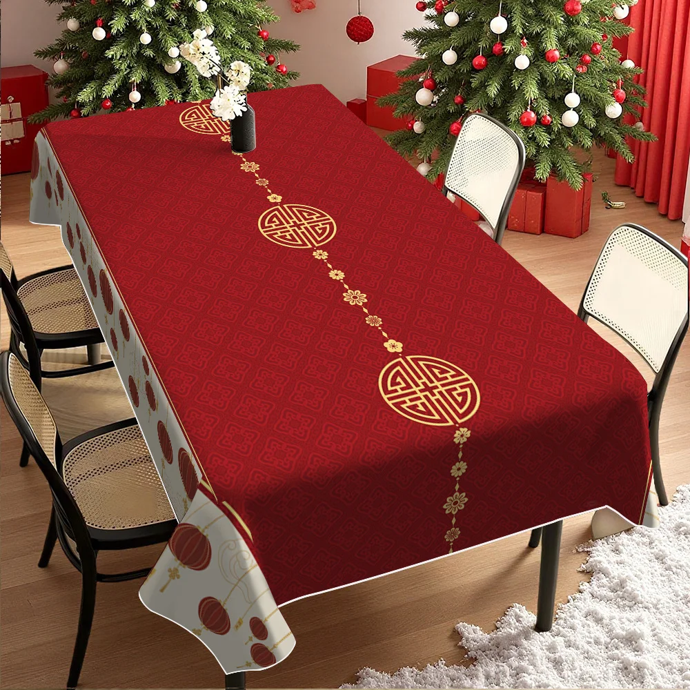 Chinese Lunar New Year Rectangle Waterproof Tablecloth Table Decor Washable Kitchen Dining Tablecloth Lunar New Year Decorations