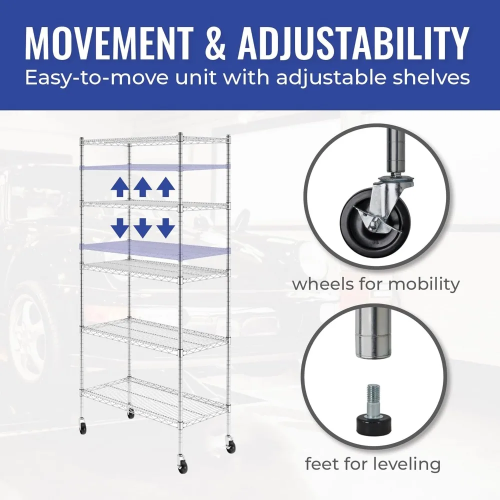Heavy-Duty Zinc Steel Wire Storage Shelves with Wheels and Adjustable Feet for Garage and Baking Racks NSF Certified