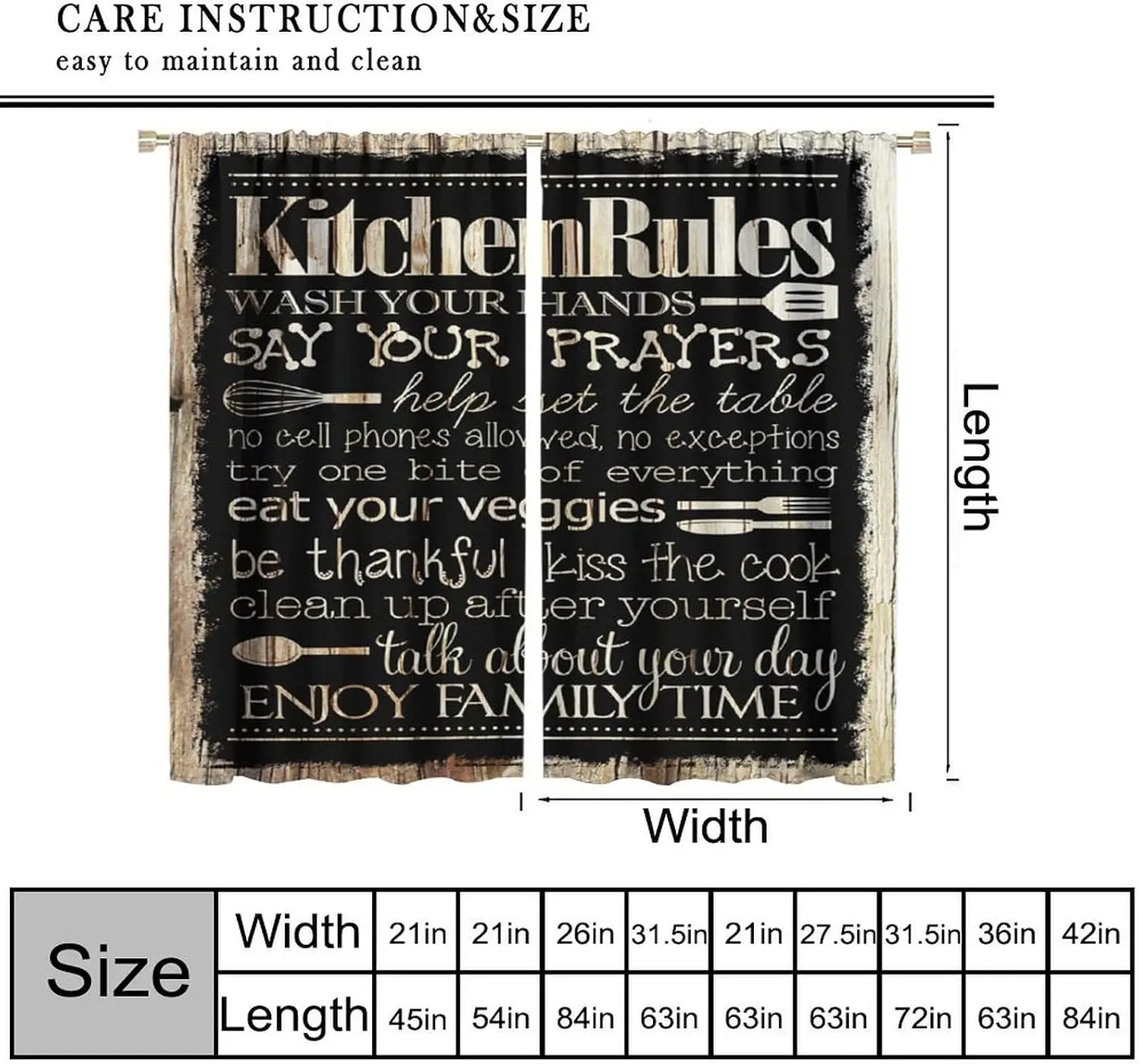 Cool Kitchen Rules Text Curtain 2 Panels Black Wood Grain Utensil Kitchen Print Window Curtain Farmhouse Home Decor
