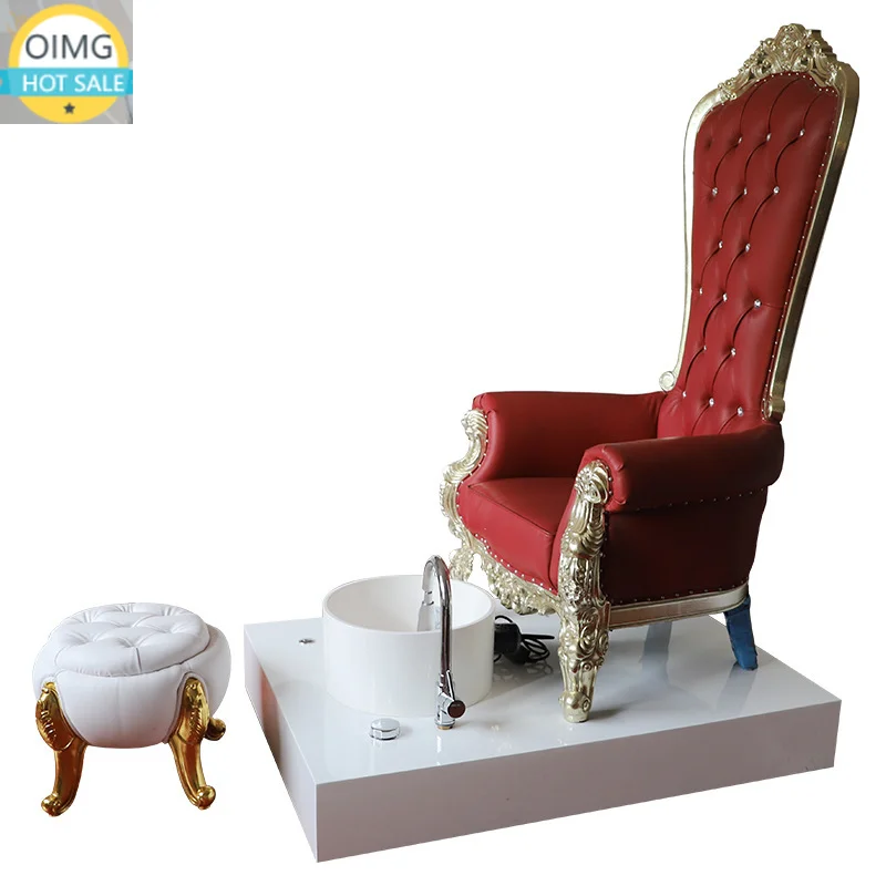 Red Large Backrest Pedicure Chair with White Rectangular Base and Small Basin