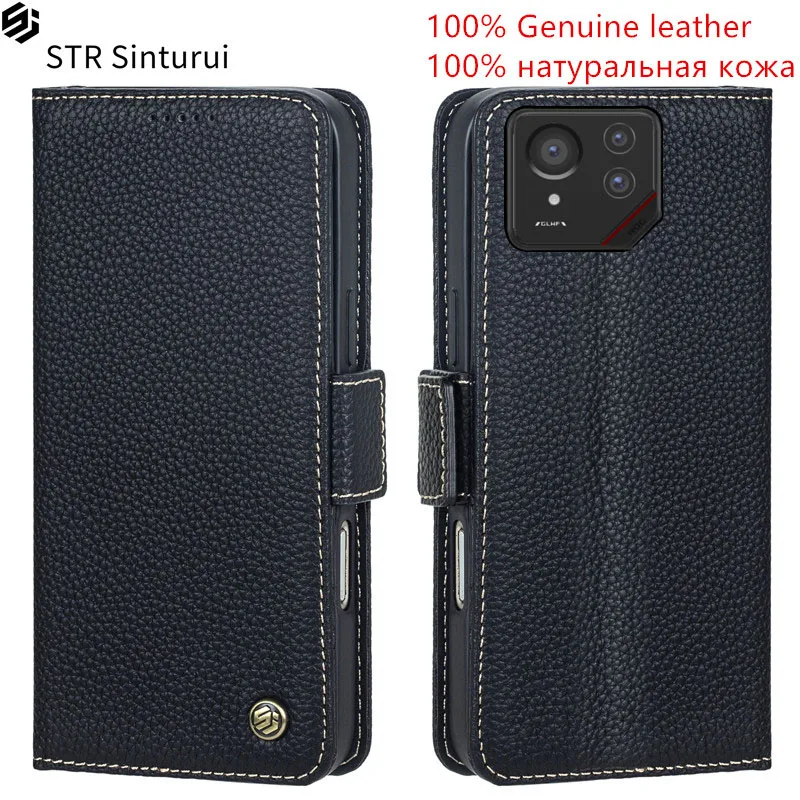 

STR 100% Genuine lychee grain leather card Slot Wallet Cover For Asus ROG Phone 8 9 Pro FE Flip Fall Fall prevention phone Case
