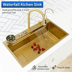 304 Stainless Steel Sink Waterfall Gold Multifuctional Large Kitchen