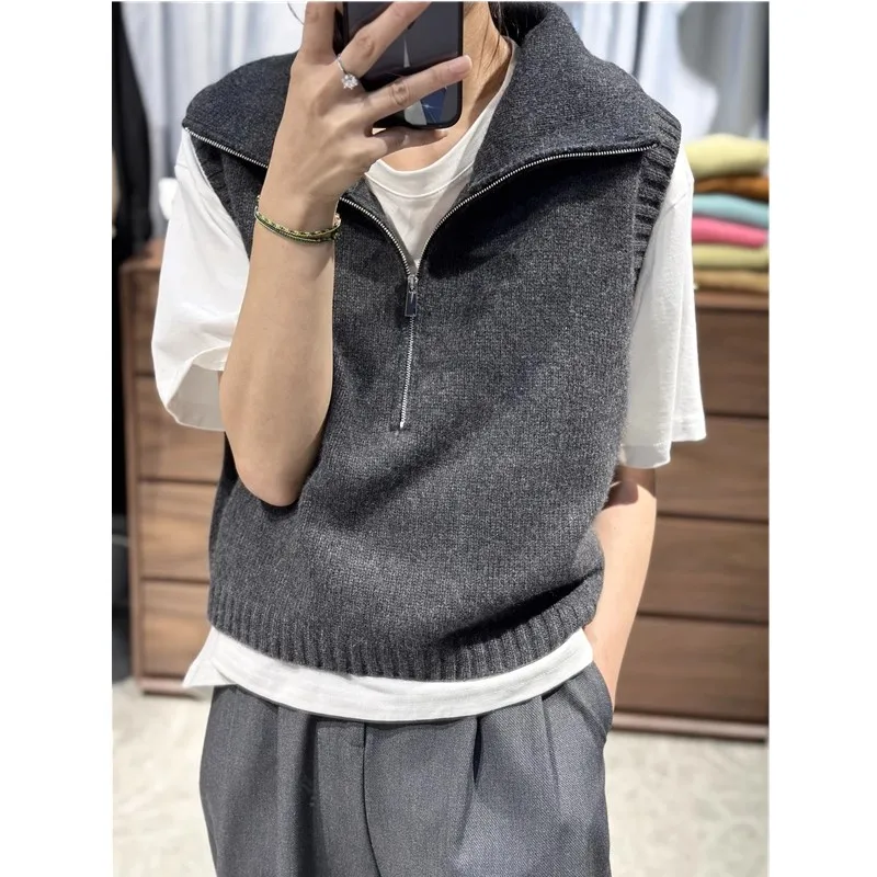 

Spring/Autumn 100% Wool Women's Vest Casual Solid Knitted Sleeveless Sweater Loose Collar Waist Half Zipper Sleeveless Tops