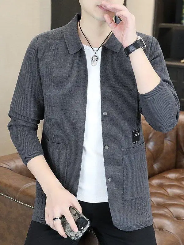 

Мужской вязаный кардиган с отложным воротником, тонкий, повседневный, весна-осень, из полиэстера, не мнется, с длинными рукавами, модный городской стиль