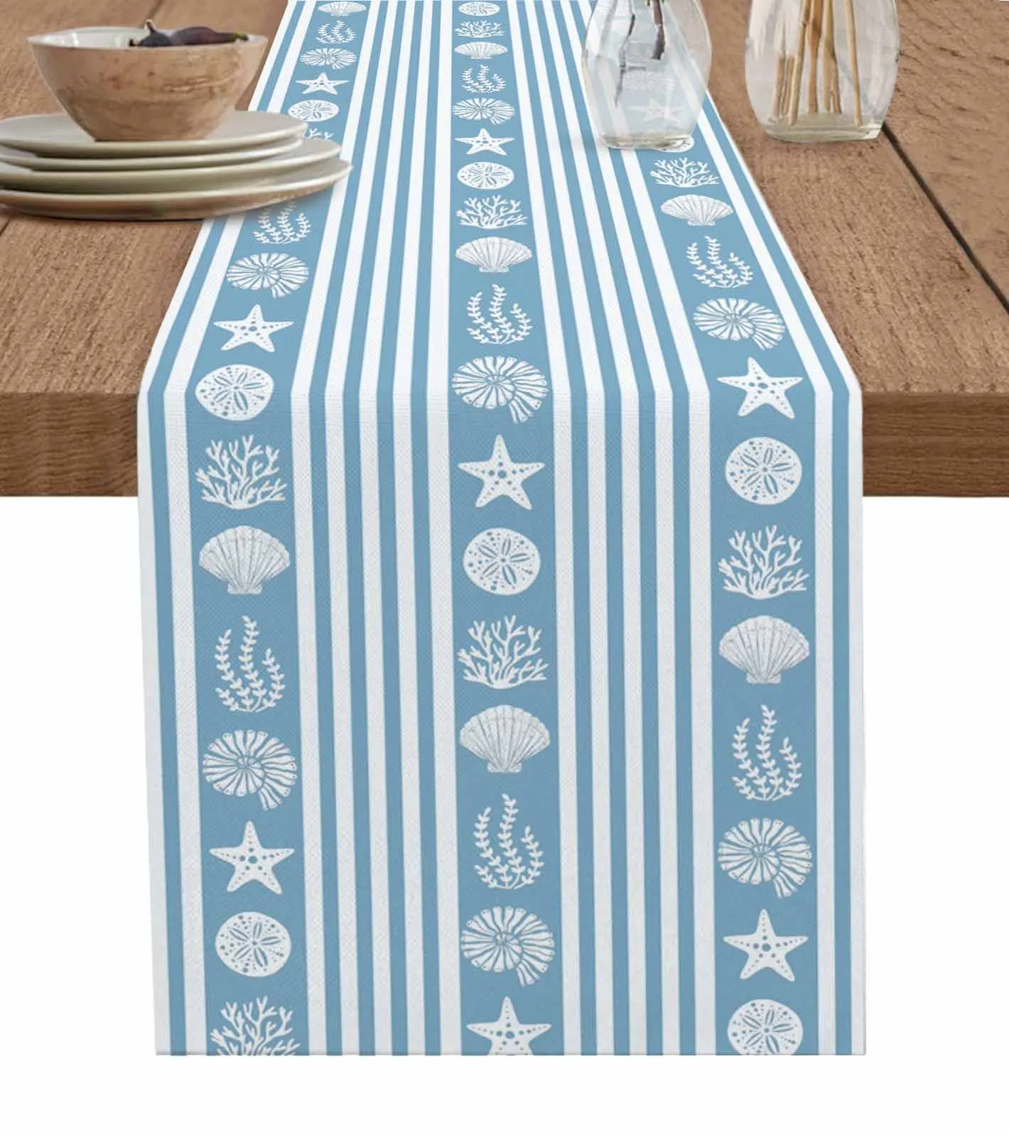 Ocean Striped Starfish Shell Jellyfish Coral Blue Table Runner Wedding Table Mat Centerpieces Decoration Dining Long Tablecloth