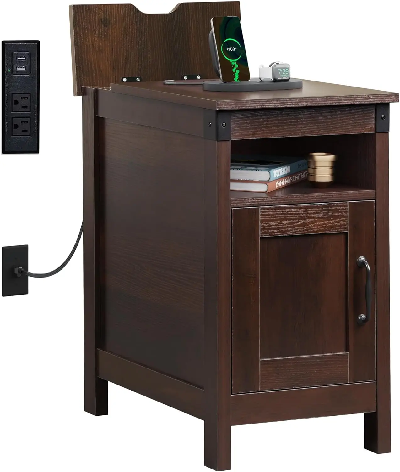 

End Table with Charging Station, Narrow Side Table for Living Room, Farmhouse Night Stand with Storage, Small Wooden Cabinet
