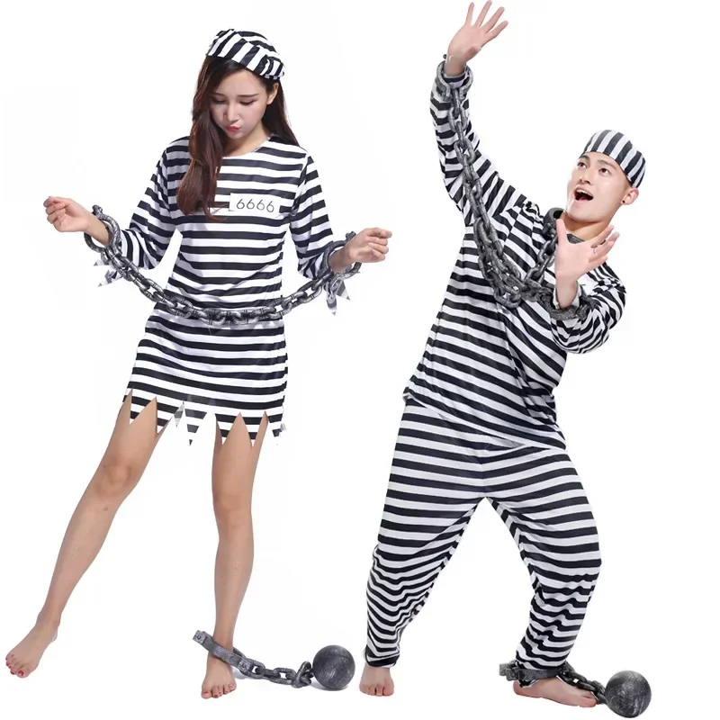 New 2025 Adult Kids Striped Prisoner Costume Prison Suit Uniform Chains Family Matching Outfits Cosplay Clothes For Party wat160