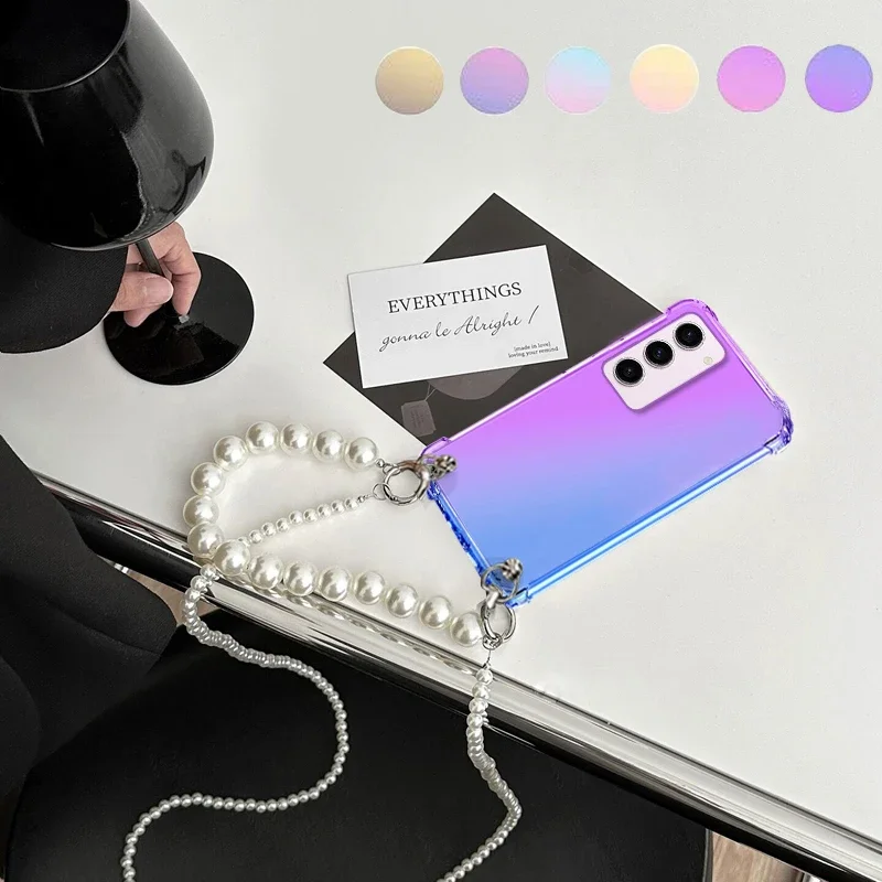 Pearl Chain Crossbody Lanyard Case For Samsung S25 Ultra S24 FE Galaxy S23 S22 S25+ Rainbow Gradient Soft TPU Shockproof Cover