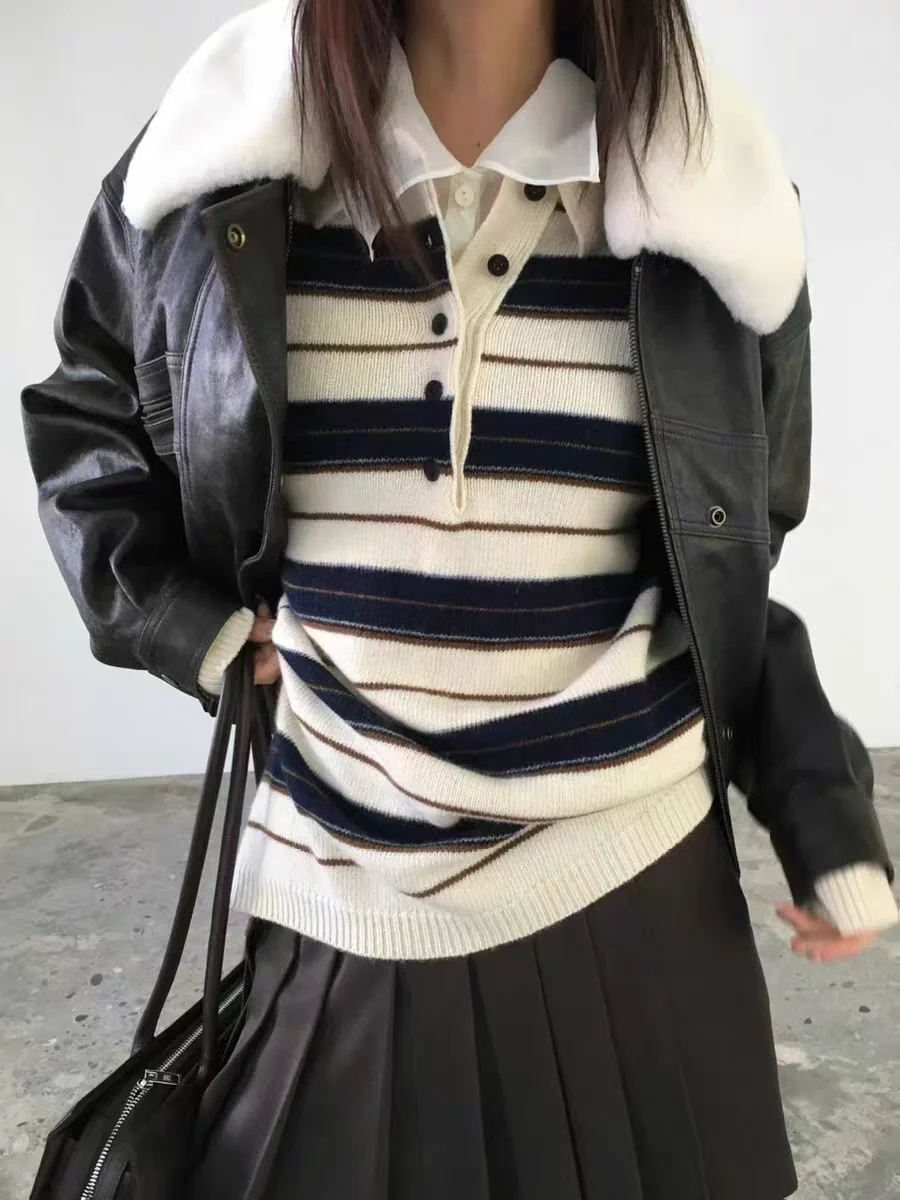 Retro Korean Style Striped Loose Fit Long Sleeve Knitwear Casual Comfortable Warm Collared Sweater for Women Spring Autumn Wi...