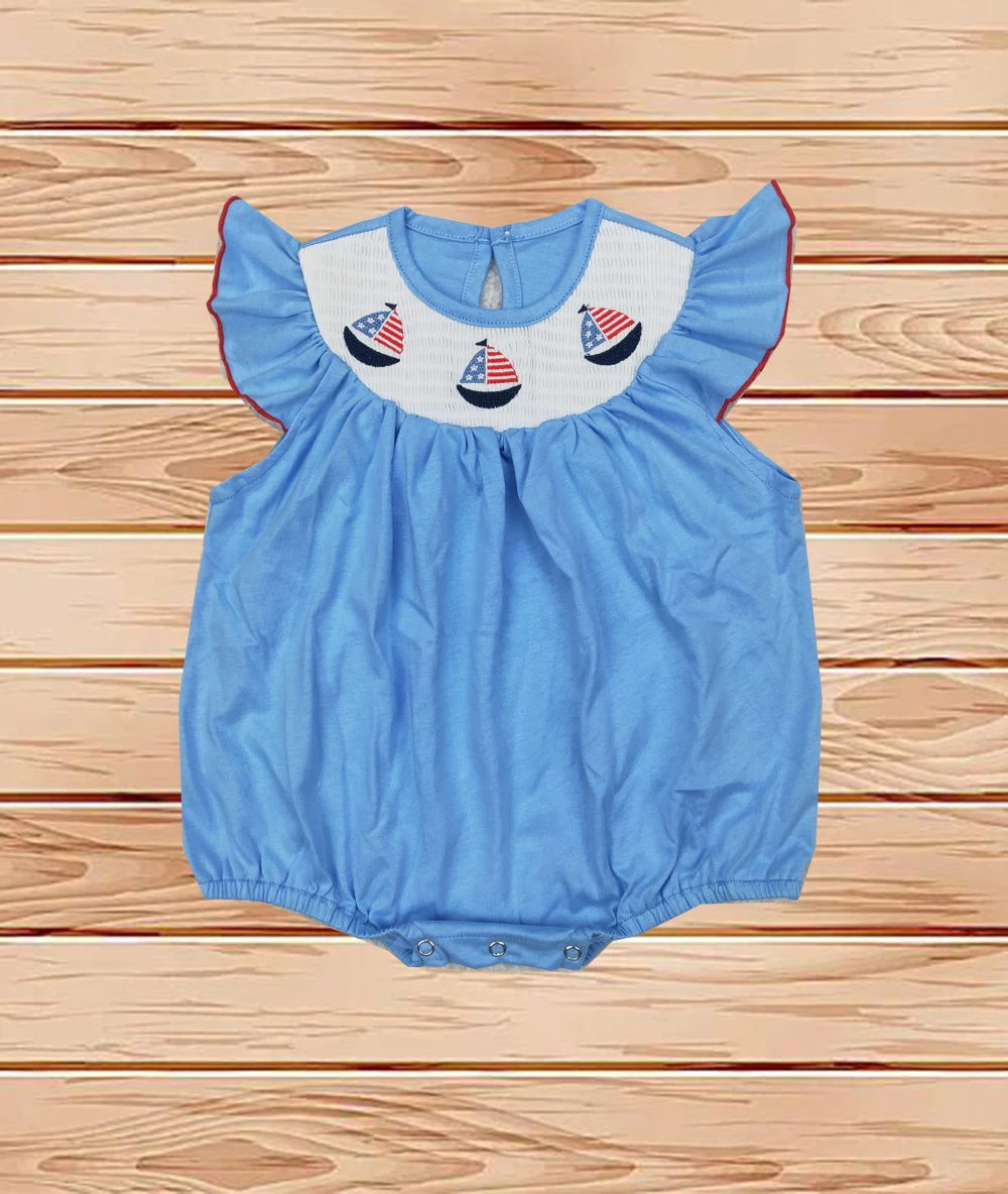 

3.31 Wholesale western boutique Newborn toddler Smocked Baby Infant Girls 4th Of July Sailboats Rompers