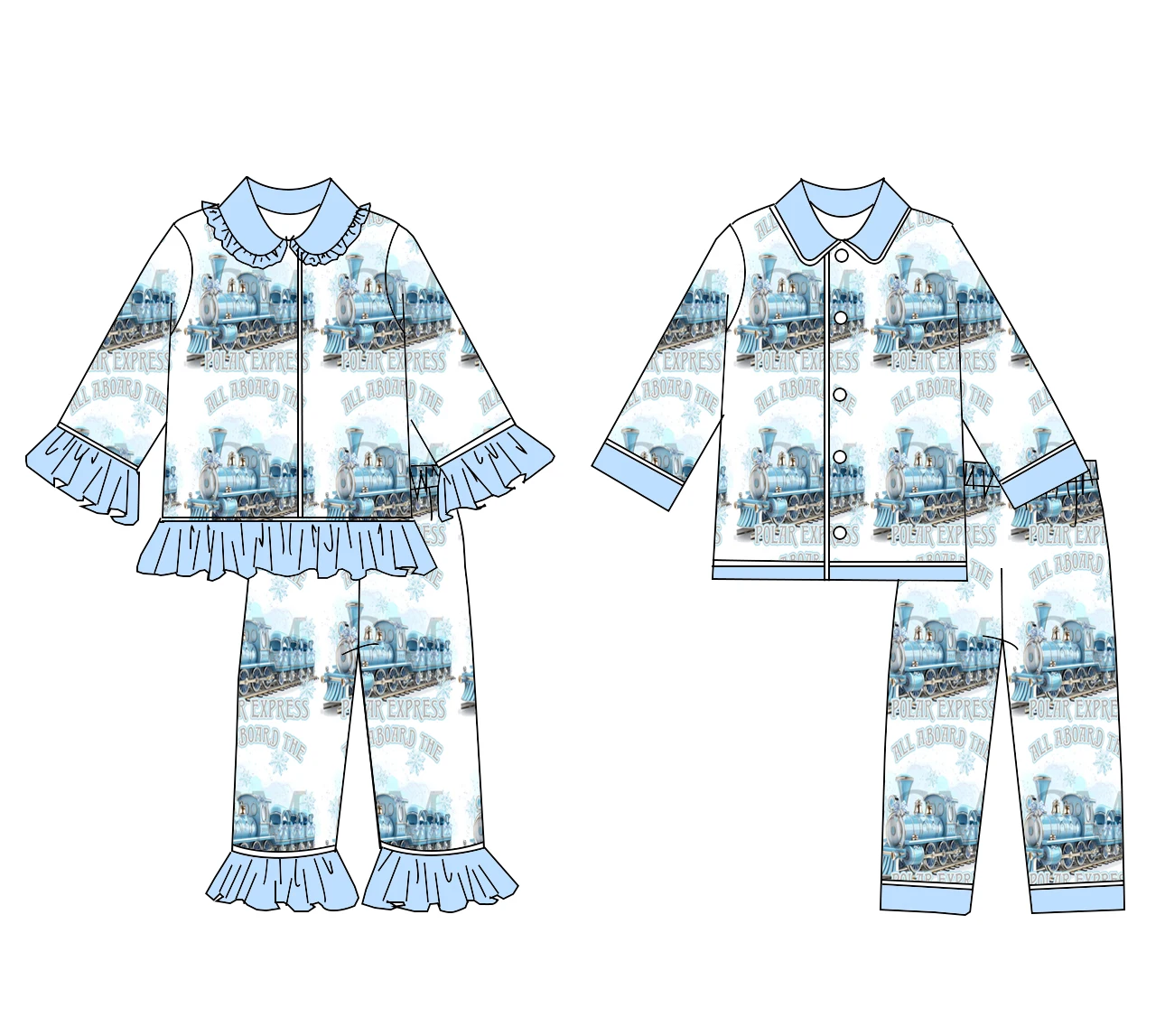 Boutique children's set Christmas lapel lace long sleeves train snowman print trousers lace girl boy pajamas set 2-piece set
