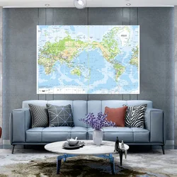 Mapa do mundo não tecido dobrável, mapa topográfico impermeável, suprimentos de decoração para escritório e escola, 150x225cm