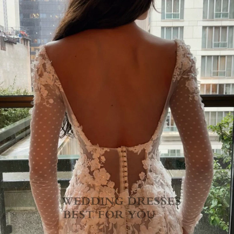 Sheer Lace Mermaid Wedding Dresses with Illusion Long Sleeves 3D Flowers Square Neck Bridal Dresses Boho Backless Wedding Gowns