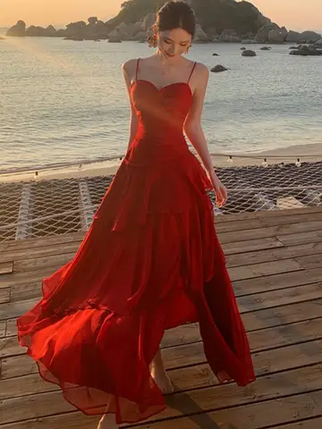 Elegant Red Ruffles Party Dress for Women Sexy Spaghetti Strap Backless Slim Evening Dresses A-Line Casual Vestidos Long Robe