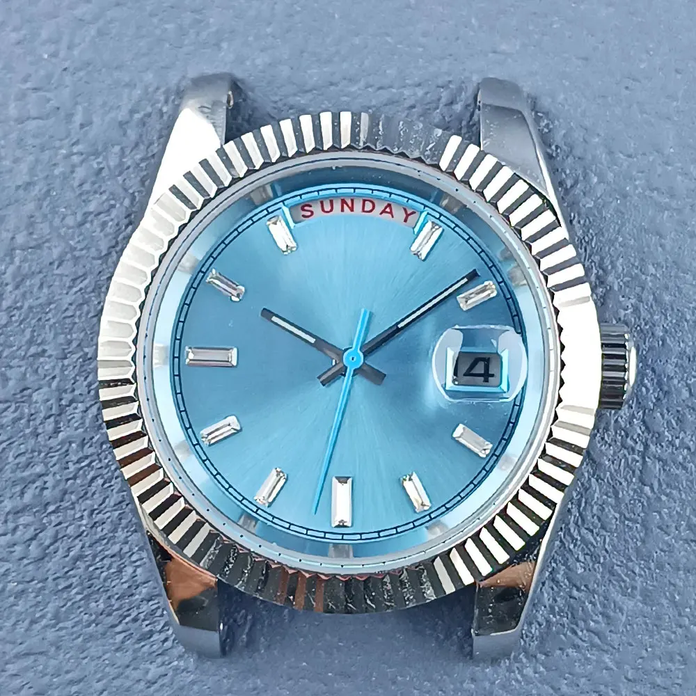 39mm silver 10bar waterproof watch case Miyota 8285 movement dual calendar automatic watch blue luminous dial